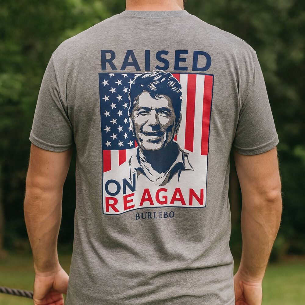 BURLEBO - NEW  “Raised on Reagan” Short Sleeve Men’s Tee – Heather Gray